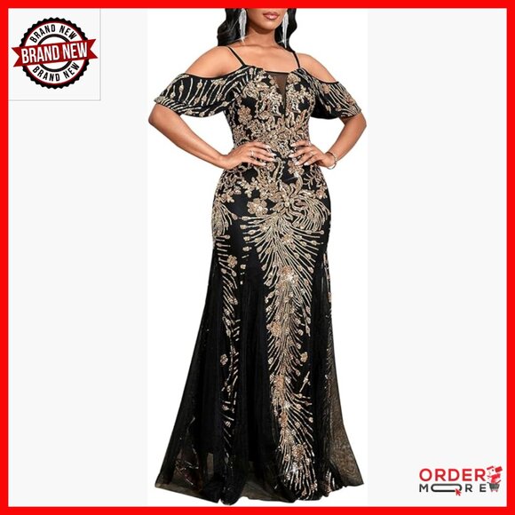 Sequin Formal Maxi Dress Off Shoulder Mesh Panels Wedding Prom Party